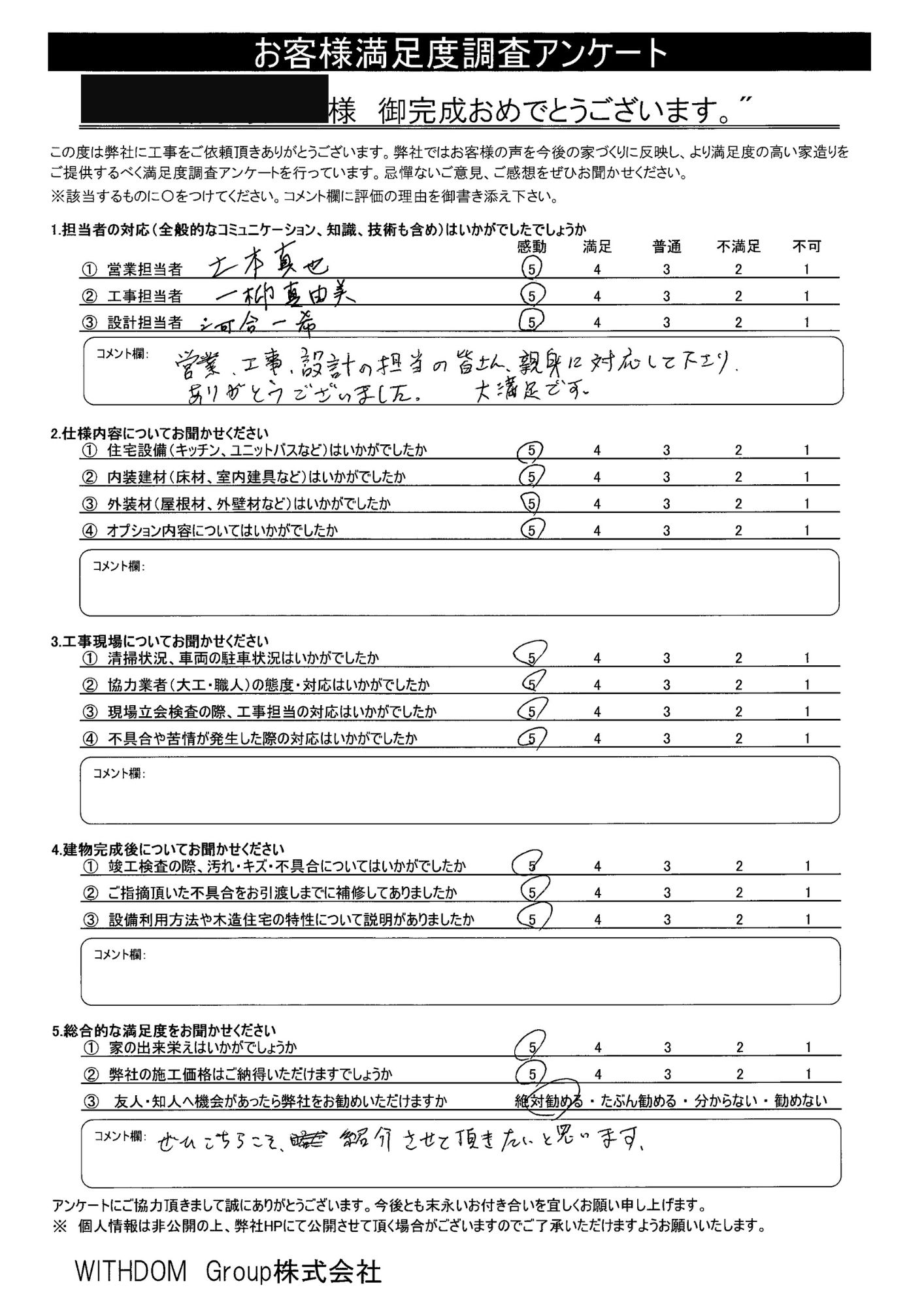 お客様アンケート
お客様満足度5
