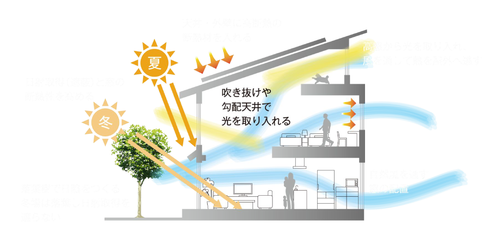 兵庫県加古川・姫路の注文住宅メーカー　WITHDOM建築設計　自然エネルギーを取り込む設計のイラスト